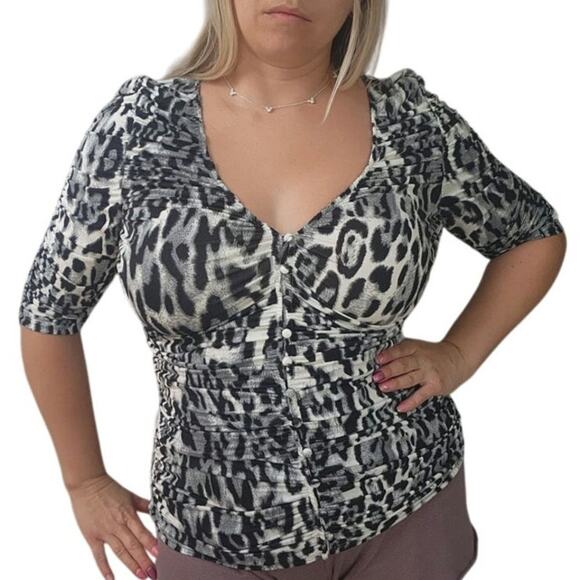 Anthopologie Sunday in Brooklyn slinky Top stretch long sleeve gray leopard  S - Picture 1 of 9
